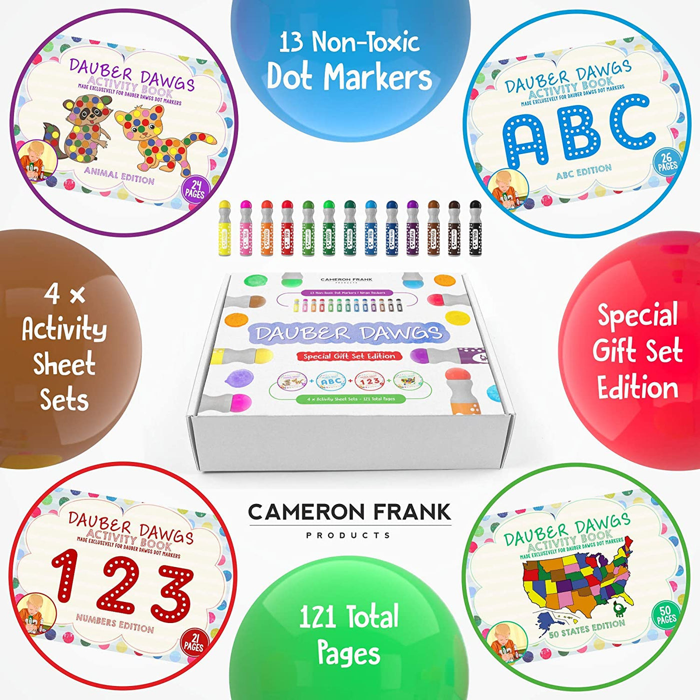 Cameron Frank Products Dot Markers for Toddlers 1-3 - Set of 8 Dauber Dawgs  Washable Dot Paints with 3 Activity Book PDFs, Dot Daubers for Creative  Play and Learning